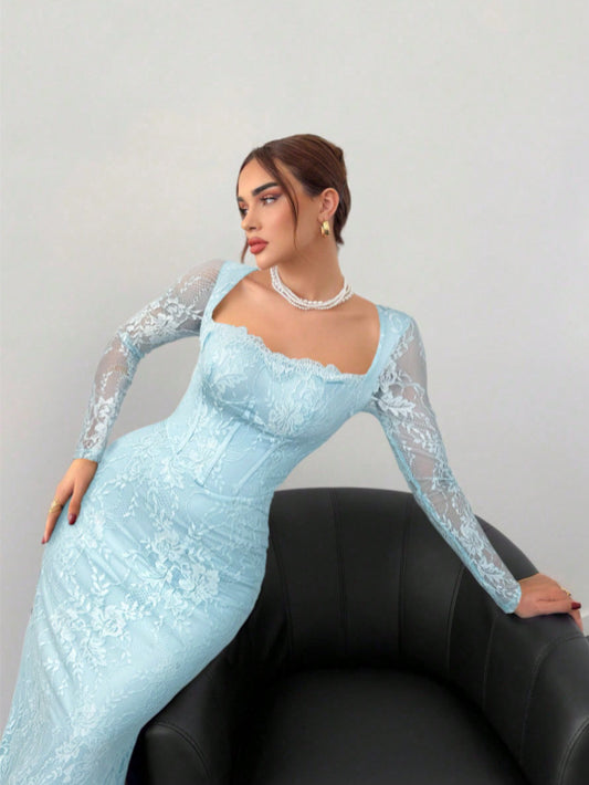 Square Neck Lace Patchwork Bodycon Dress