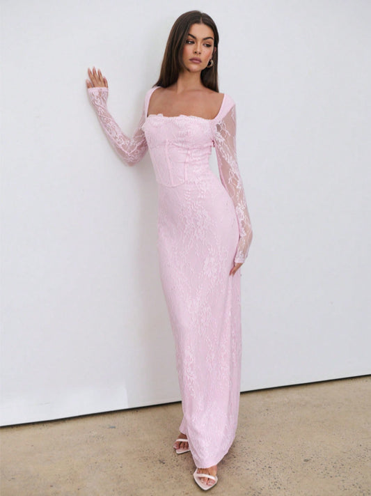 Square Neck Lace Patchwork Bodycon Dress