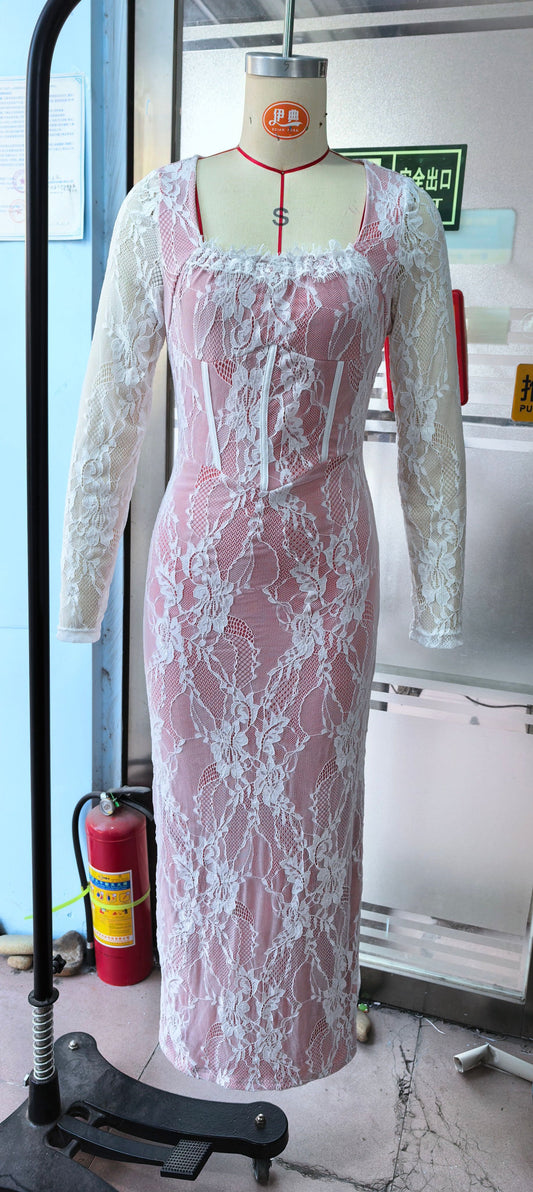 Square Neck Lace Patchwork Bodycon Dress