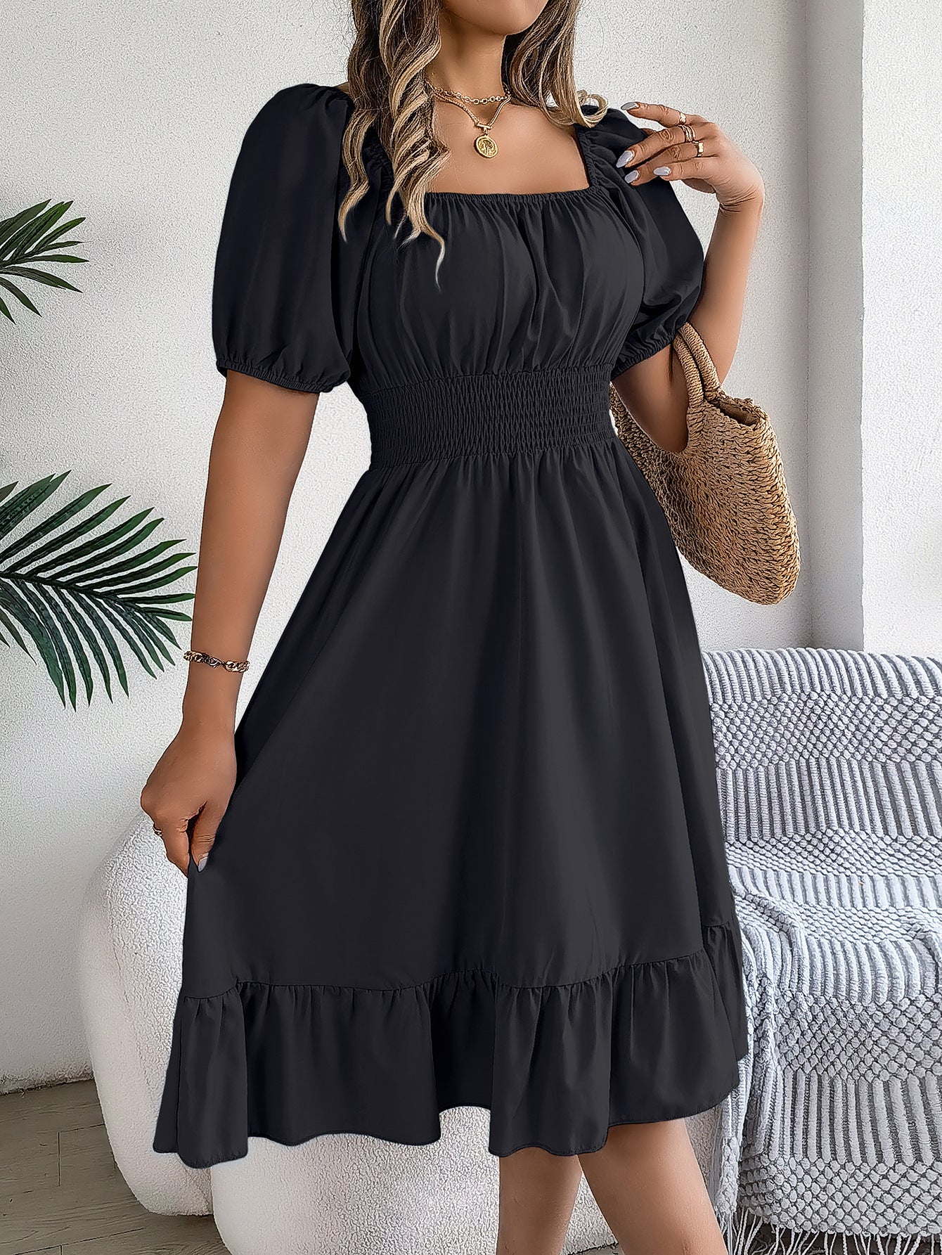 Square Neck Ruffle Hem A-Line Dress