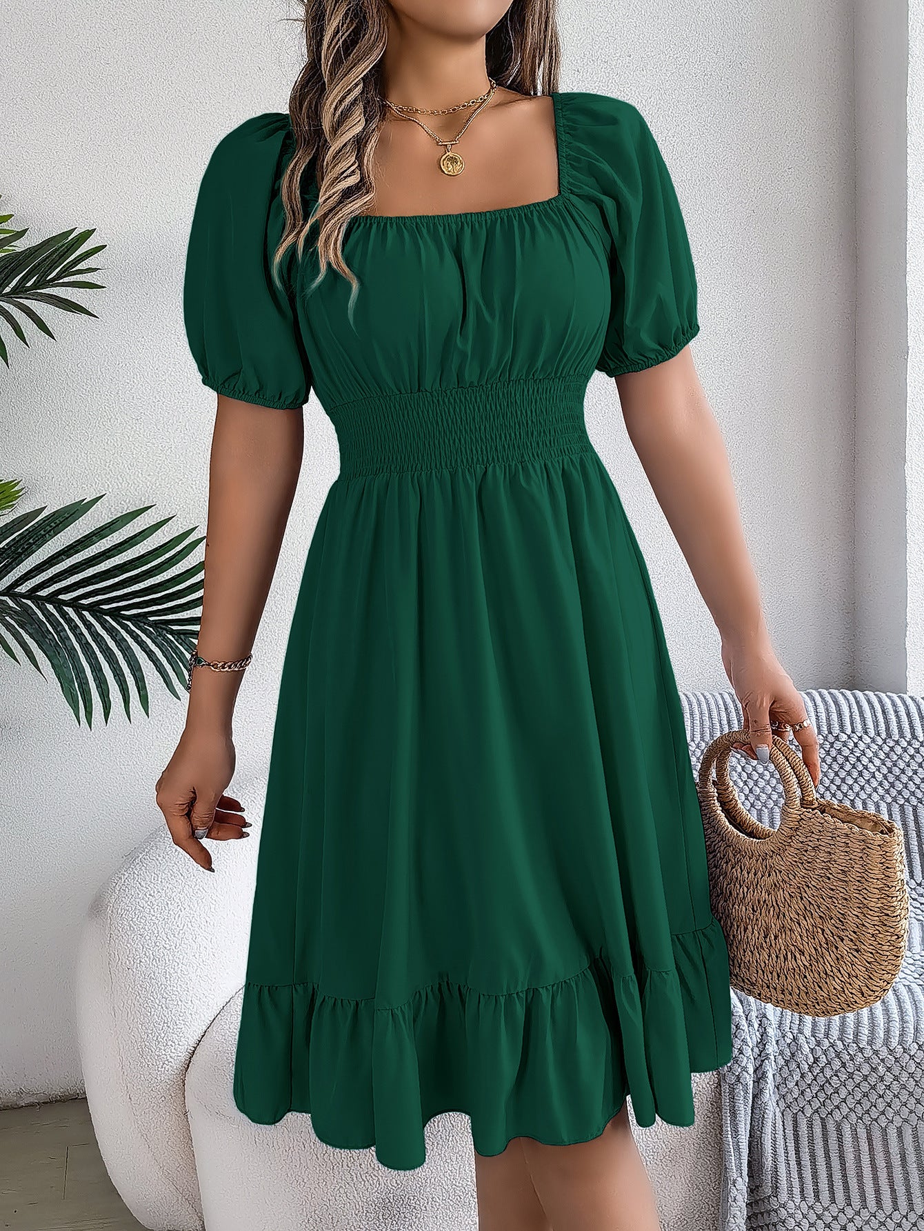 Square Neck Ruffle Hem A-Line Dress