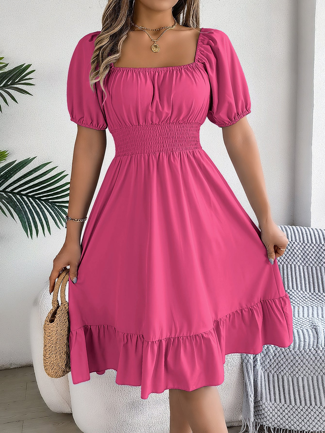 Square Neck Ruffle Hem A-Line Dress