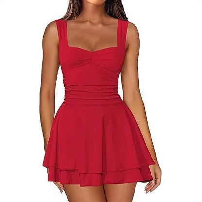 Square Neck Sleeveless Pleated Waist Dress