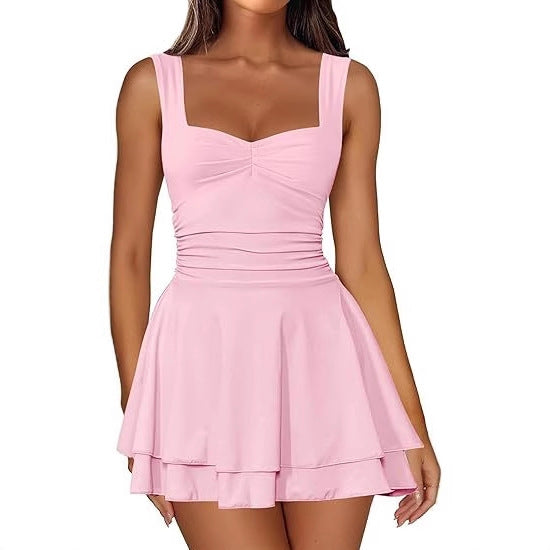 Square Neck Sleeveless Pleated Waist Dress