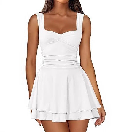 Square Neck Sleeveless Pleated Waist Dress