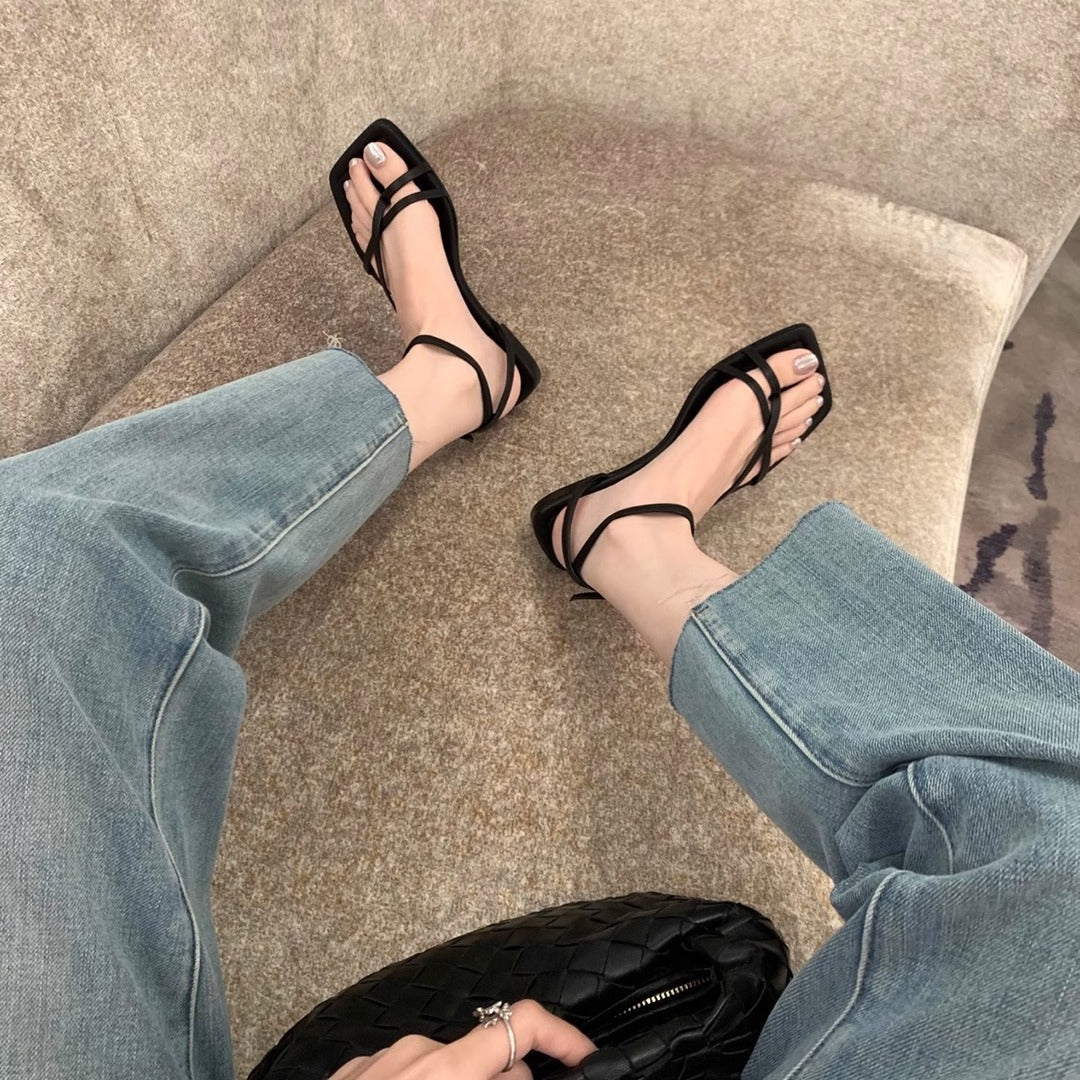 Square Toe Cross Strap Flat Sandals
