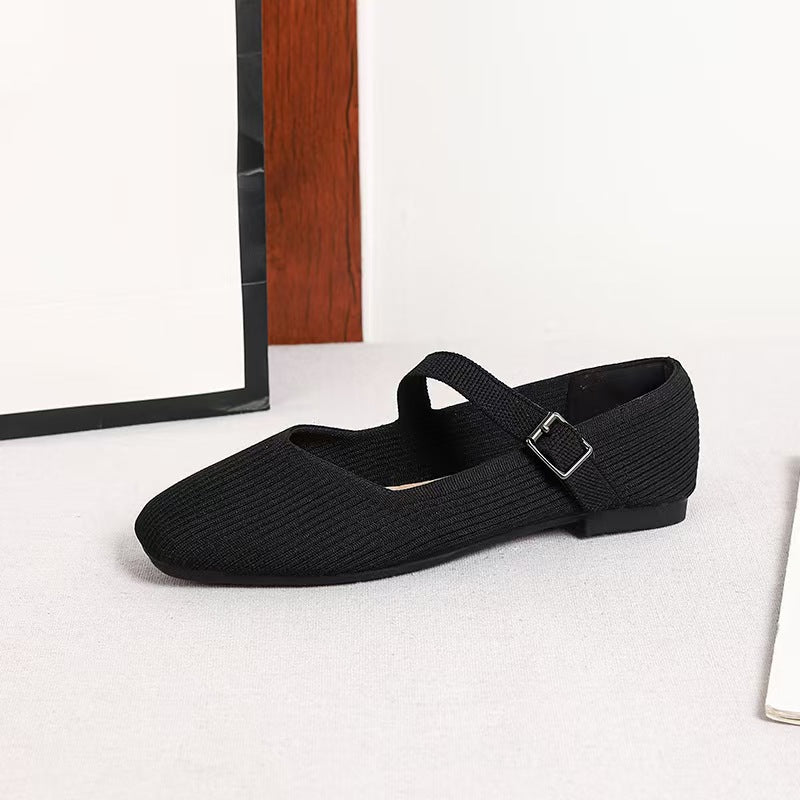 Square Toe Knitted Mary Jane Flat Shoes
