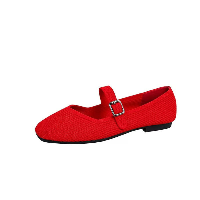 Square Toe Knitted Mary Jane Flat Shoes