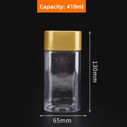 Square Transparent PET Plastic Storage Jars with Lids (300ml–700ml).