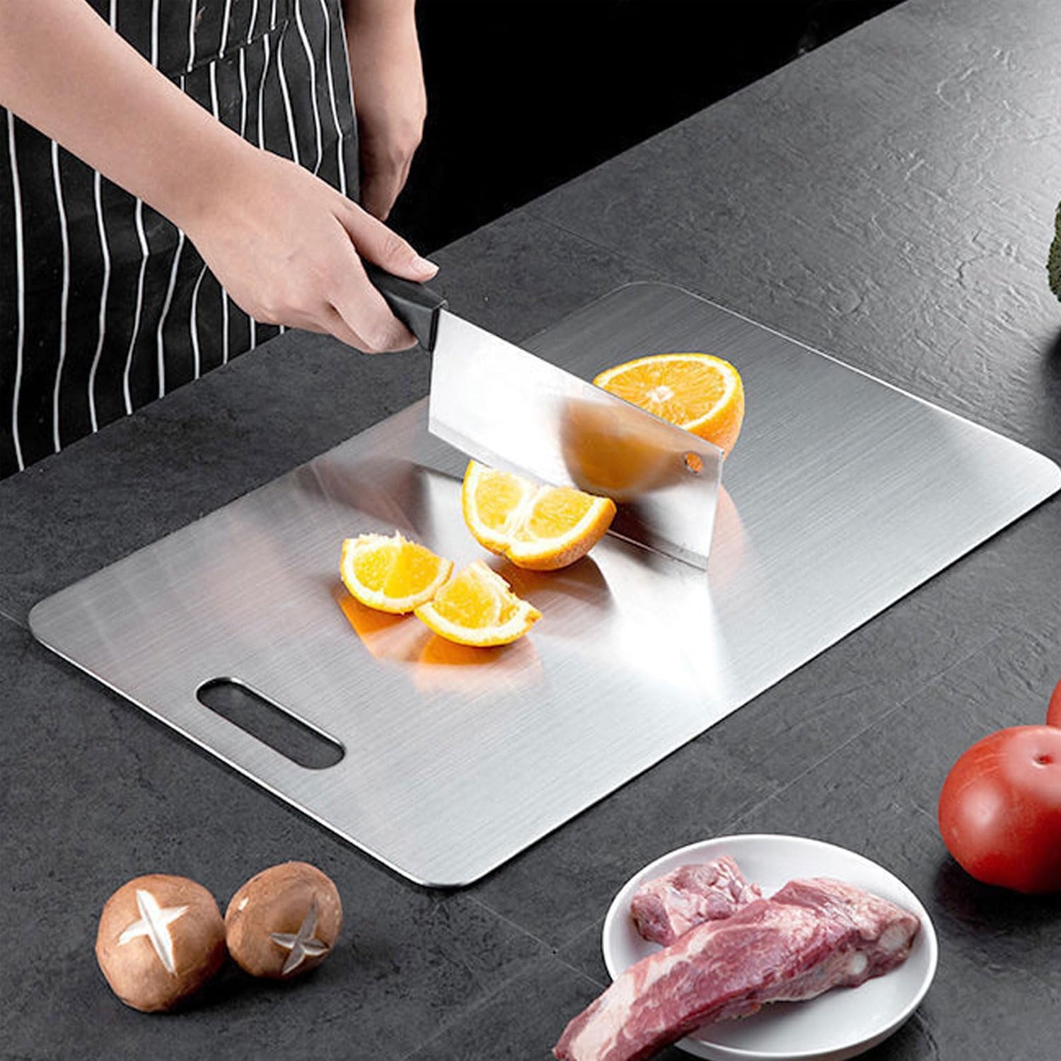 Stainless steel chopping board with increased thickness