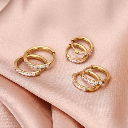 Stainless steel diamond-set round coil earrings