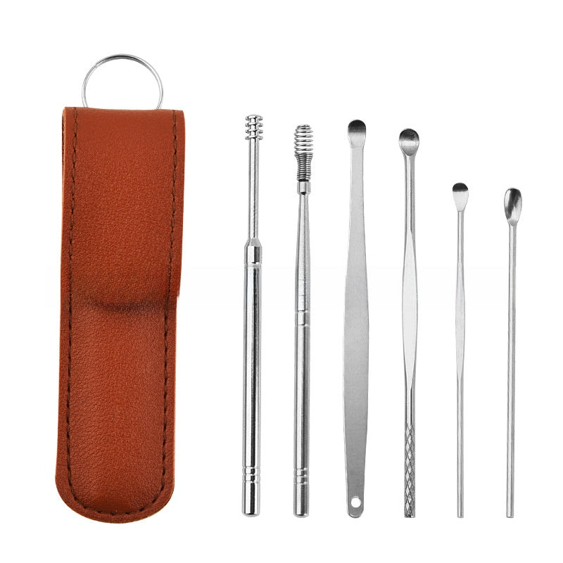 Stainless Steel Ear Scoop Double-Headed Spiral Ear Scoop Ear Cleaner Ear Picking Tool 6-Piece Set