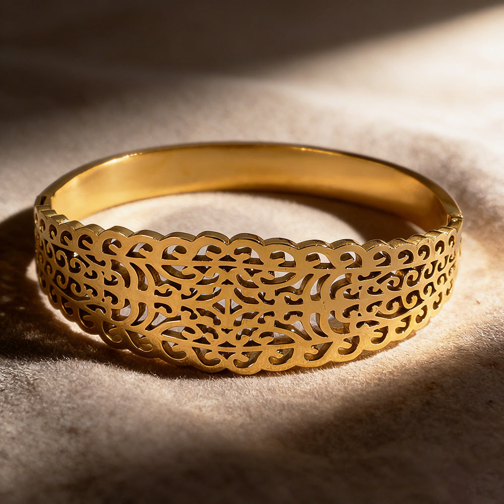 Stainless Steel Hollow Ethnic Pattern Open Bracelet