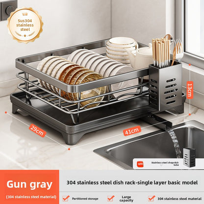 Stainless Steel Kitchen Dish Drainer Rack with Utensil Holder