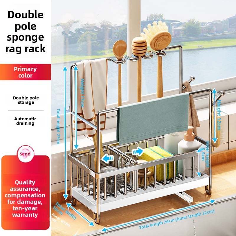 Stainless Steel Kitchen Towel Rack with Drain Tray, Wall Mount or Countertop