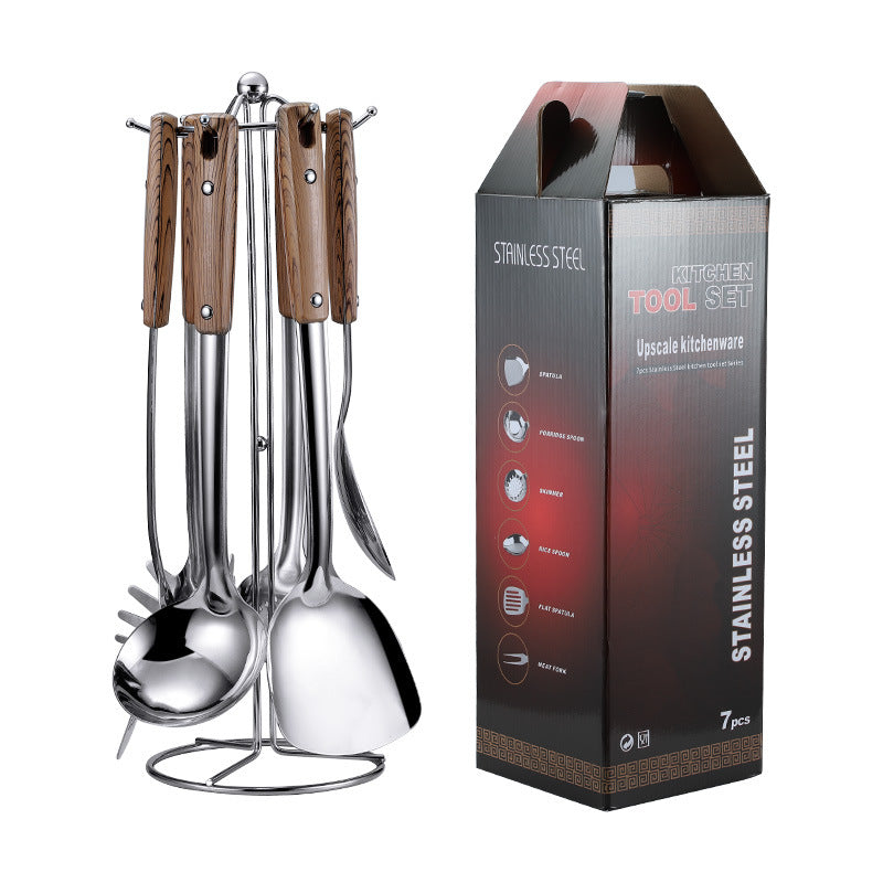 Stainless Steel Kitchen Utensil Set with Wood Grain Handle