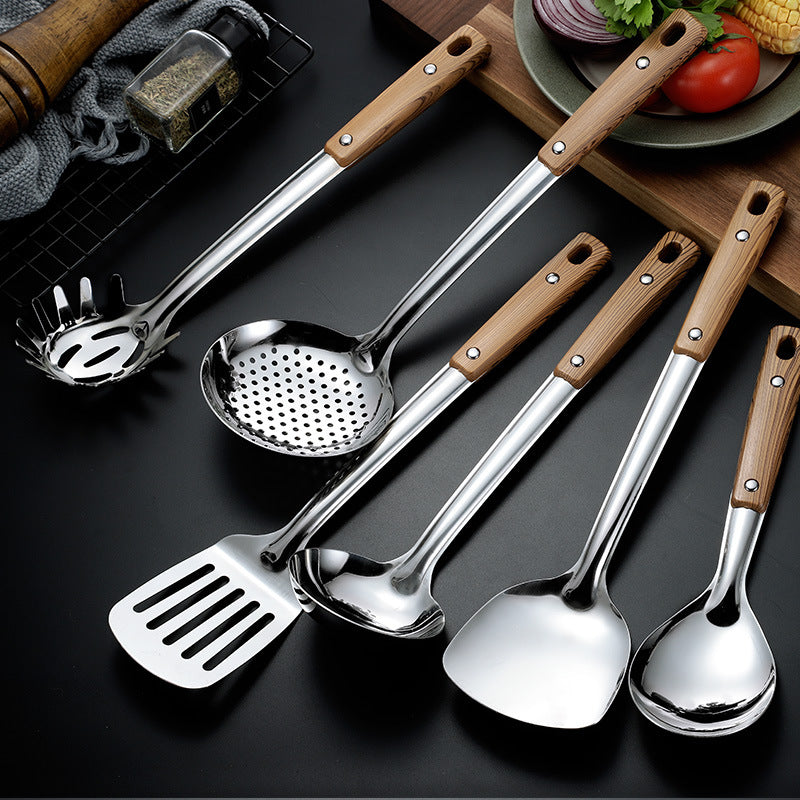 Stainless Steel Kitchen Utensil Set with Wood Grain Handle