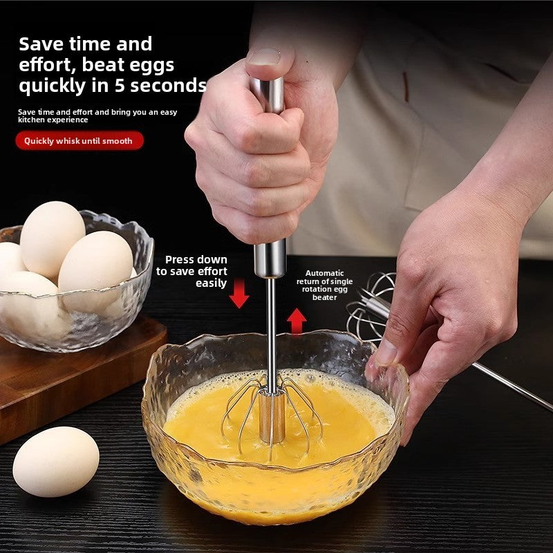 Stainless Steel Manual Press-Type Egg Beater Semi-Automatic Rotating Whisk Kitchen Baking Tool