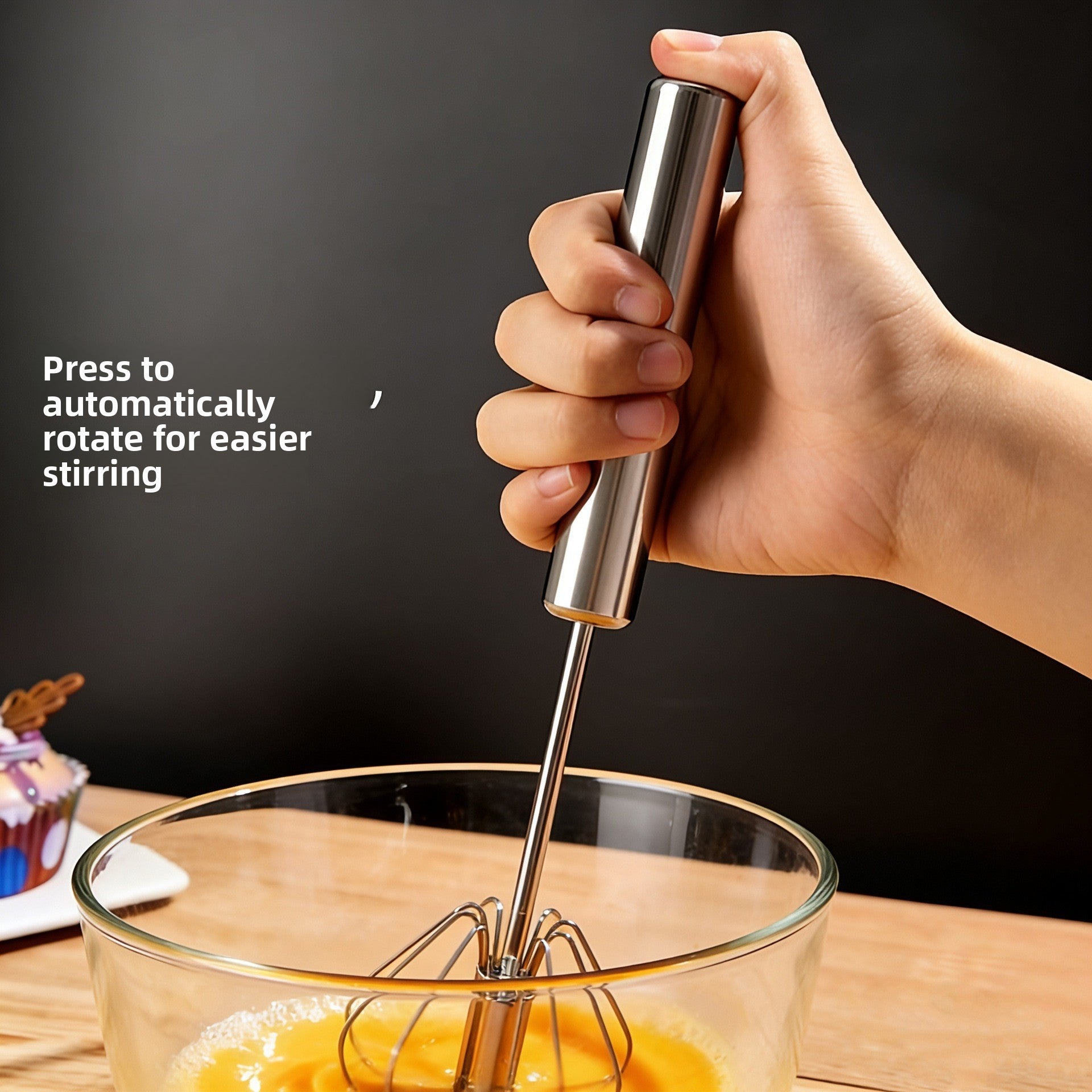 Stainless Steel Manual Press-Type Egg Beater Semi-Automatic Rotating Whisk Kitchen Baking Tool