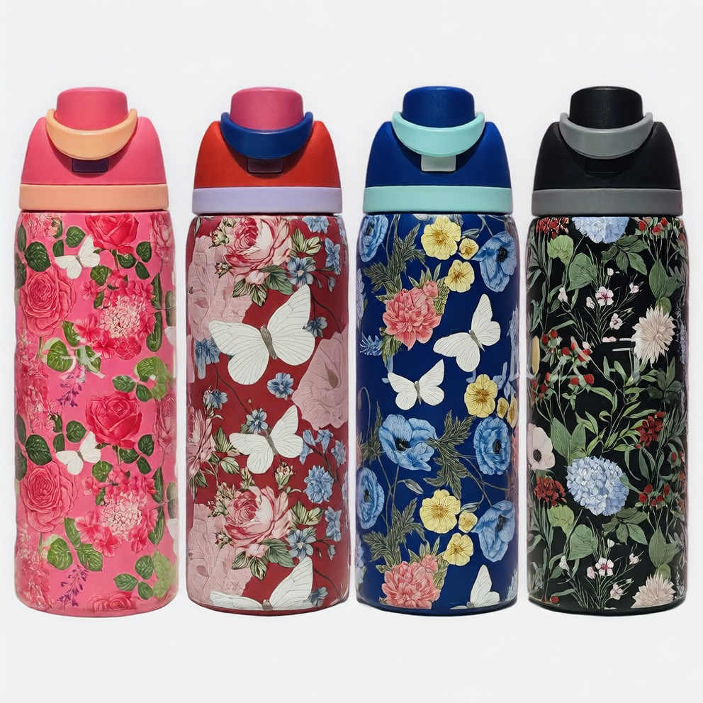 Stainless Steel Thermos Cup with Butterfly Floral Print
