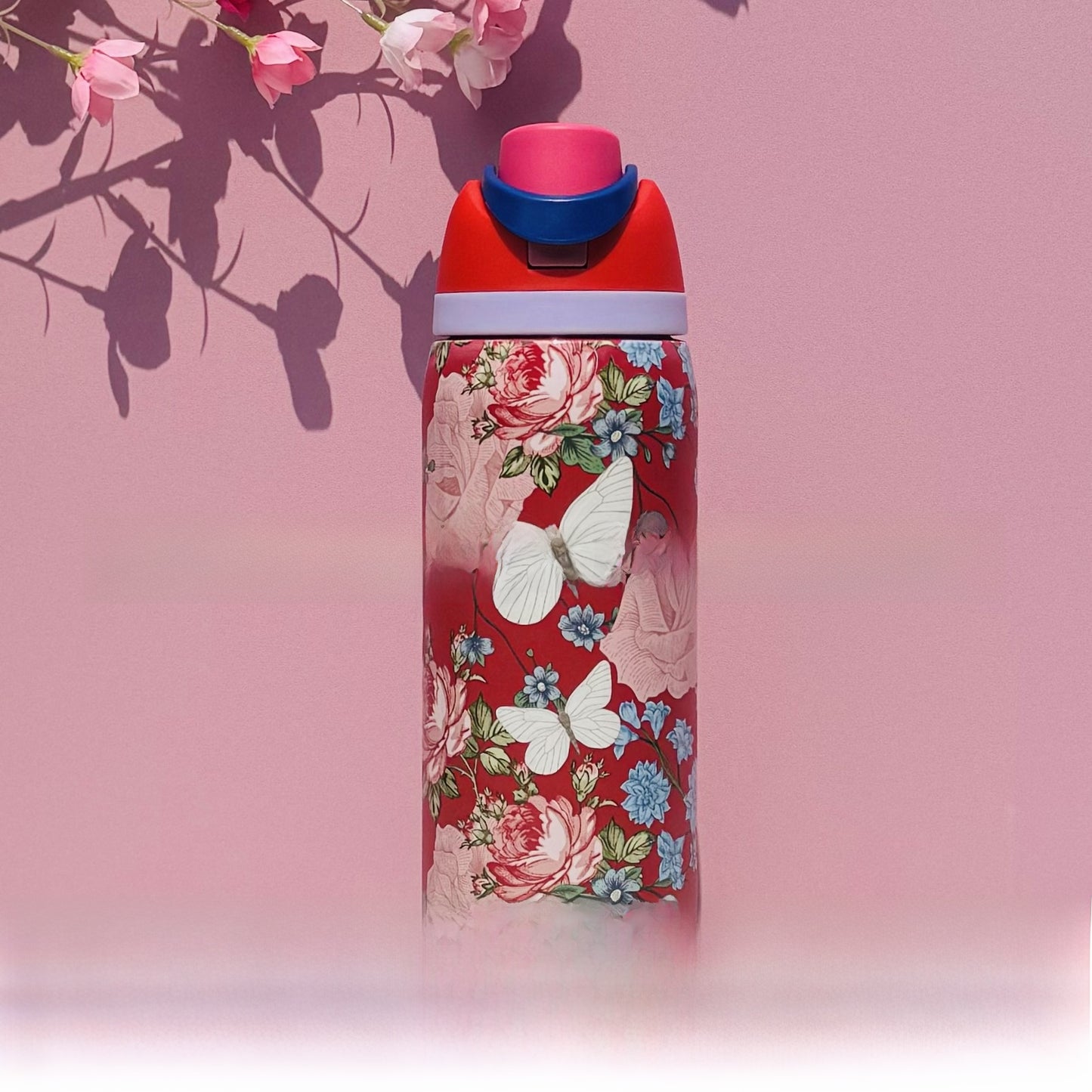 Stainless Steel Thermos Cup with Butterfly Floral Print