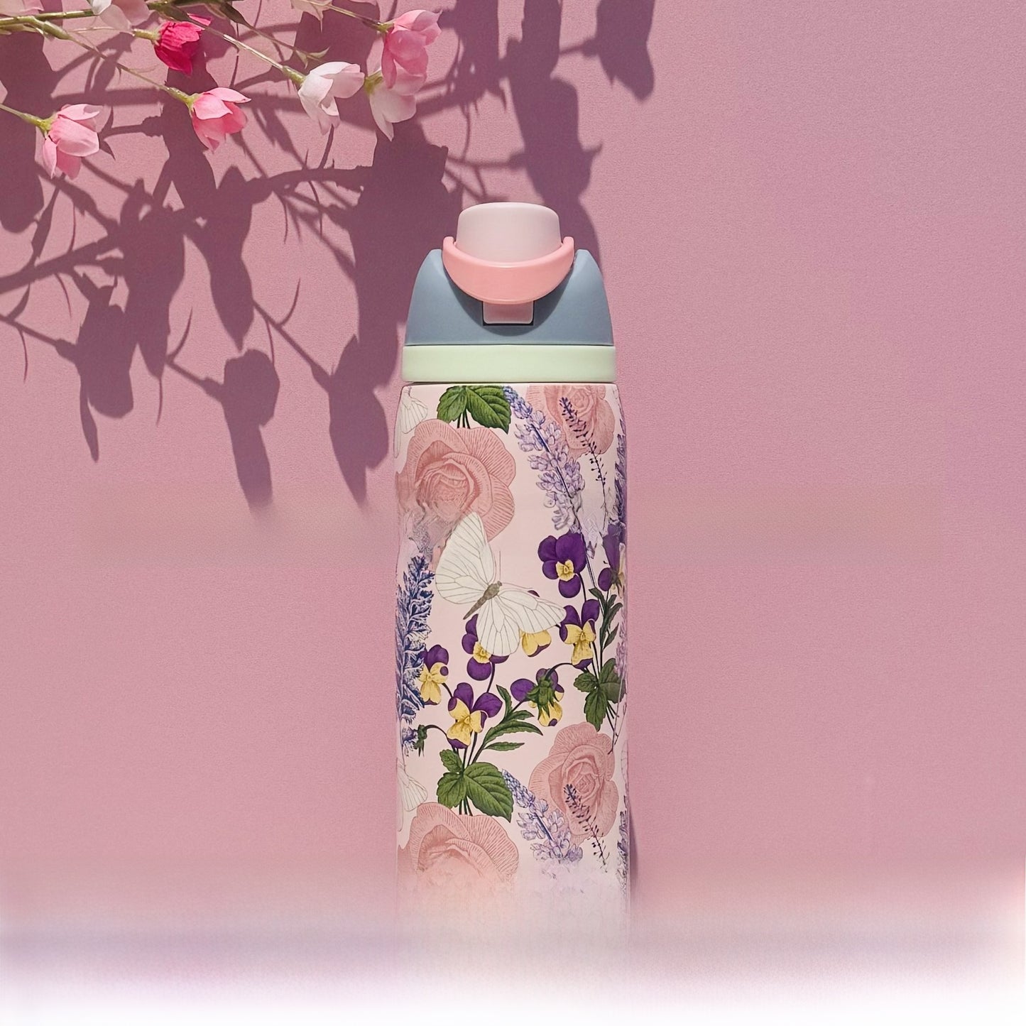 Stainless Steel Thermos Cup with Butterfly Floral Print