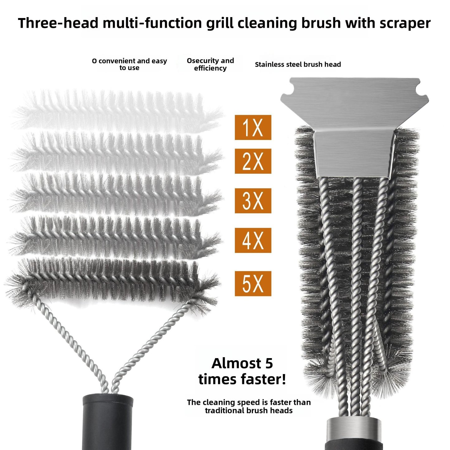 Stainless Steel Three-Head BBQ Grill Cleaning Brush