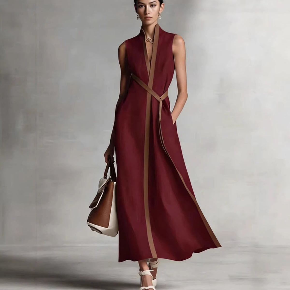 Stand Collar Sleeveless Color Block Loose Dress