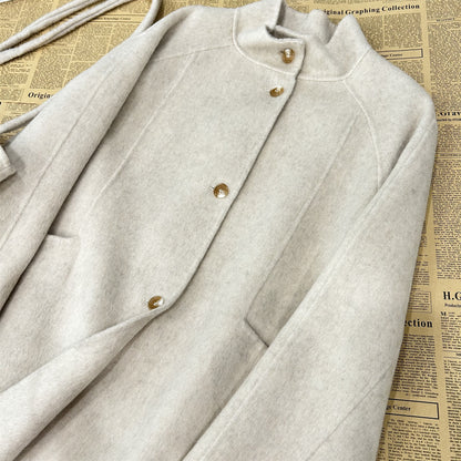 Stand-up collar mid-length wool coat