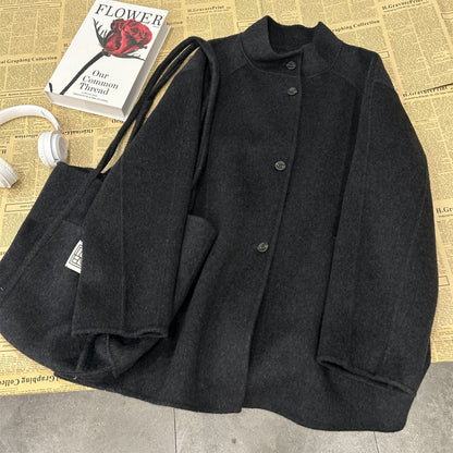 Stand-up collar mid-length wool coat