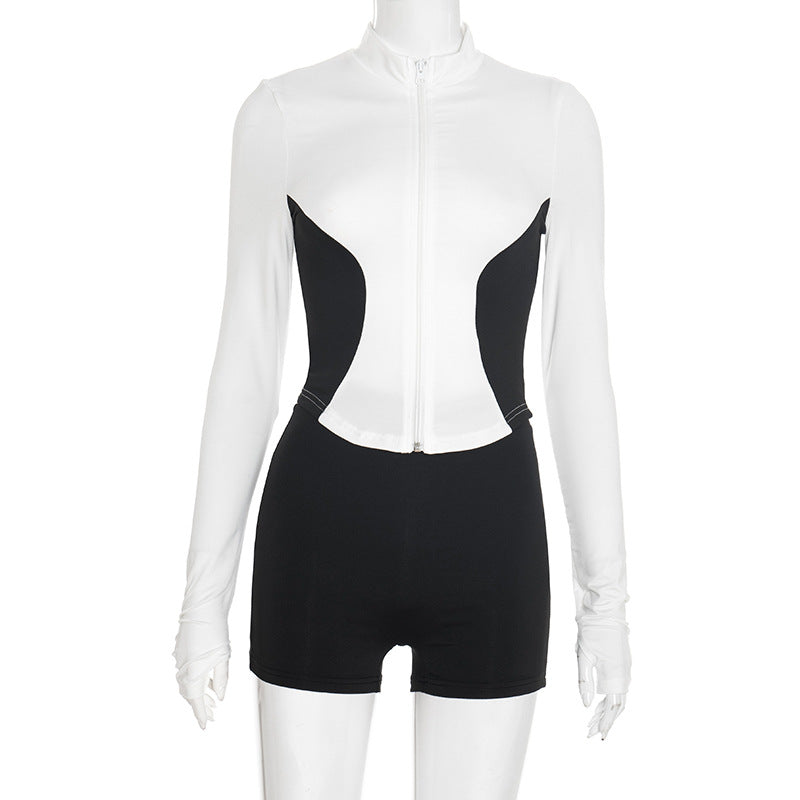 Standing collar color-blocked long-sleeved top