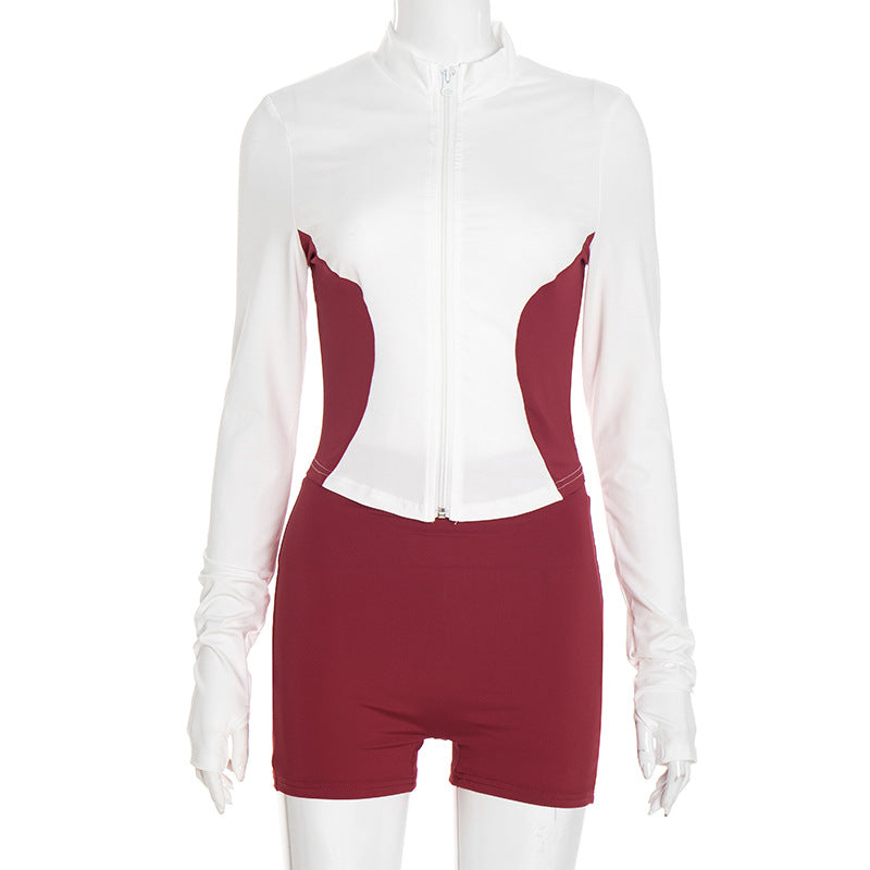 Standing collar color-blocked long-sleeved top