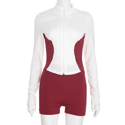 Standing collar color-blocked long-sleeved top