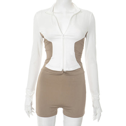 Standing collar color-blocked long-sleeved top