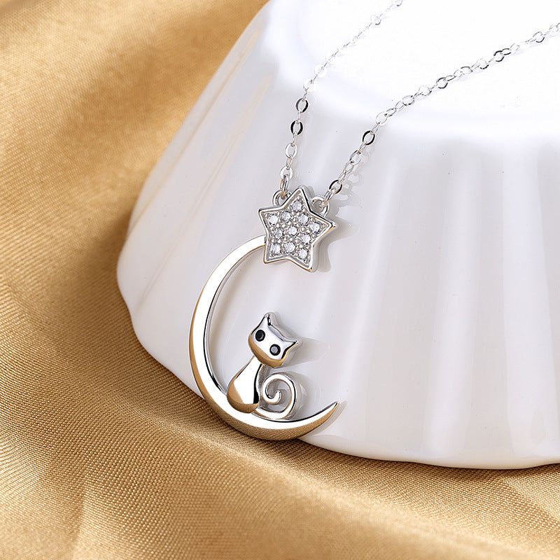 Star Moon Cat Pendant Silver Necklace