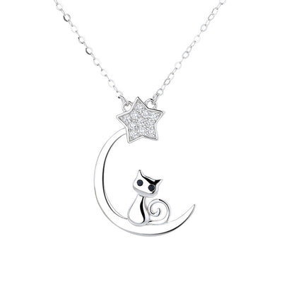 Star Moon Cat Pendant Silver Necklace