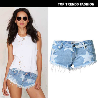 Star Print Tassel Denim Shorts