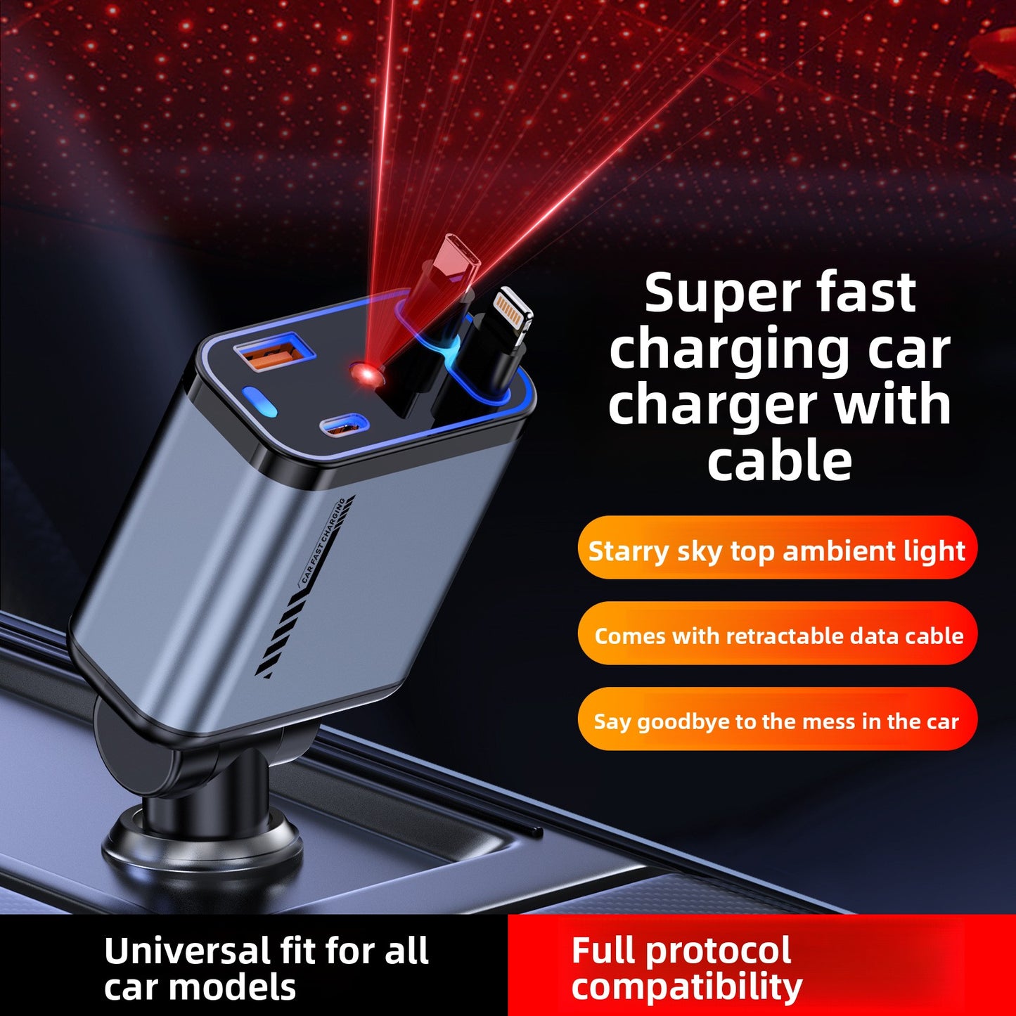 Starry Sky Car Charger 120W Retractable USB Fast Charger