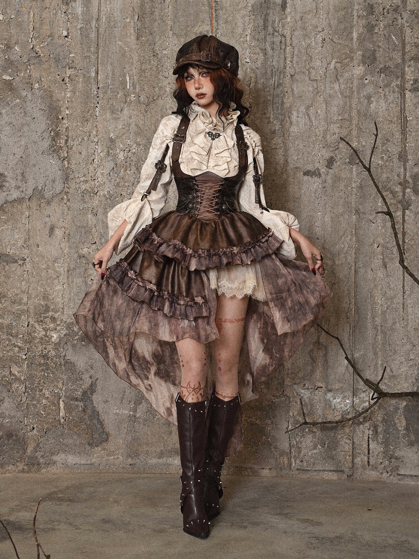 Steampunk Asymmetrical Strap Dress with Detachable Trail
