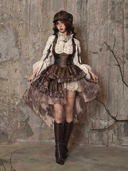 Steampunk Asymmetrical Strap Dress with Detachable Trail