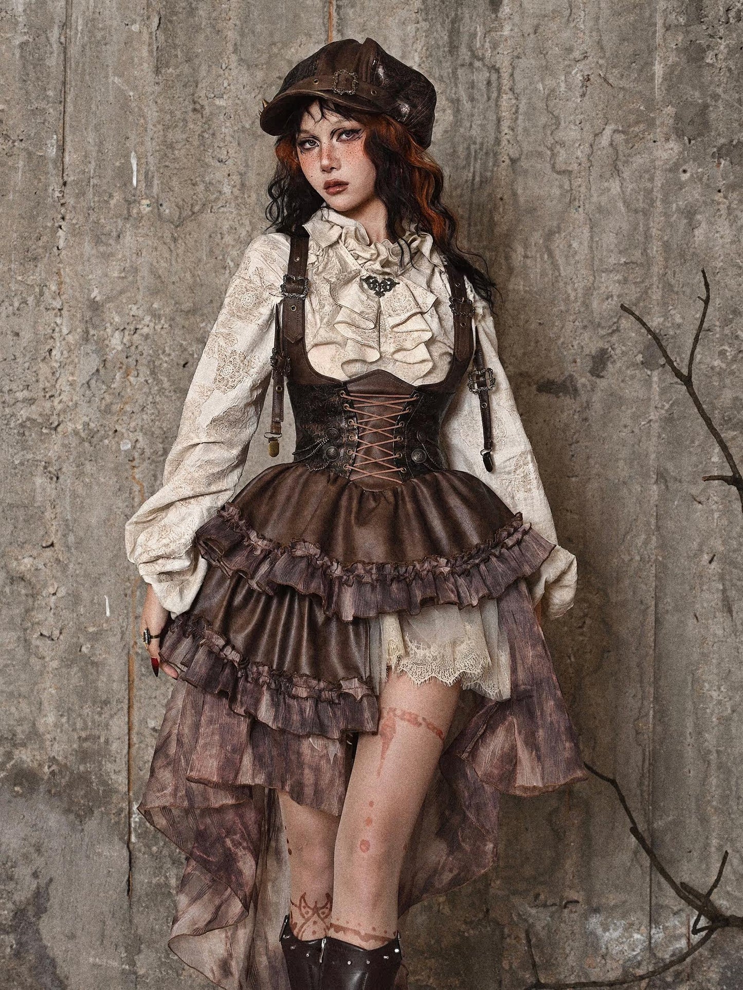 Steampunk Asymmetrical Strap Dress with Detachable Trail