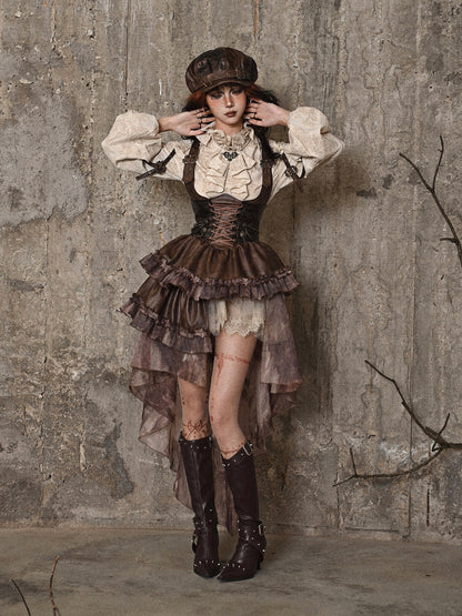 Steampunk Asymmetrical Strap Dress with Detachable Trail