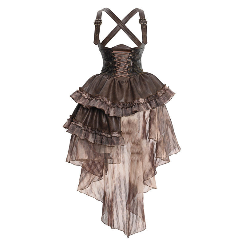 Steampunk Asymmetrical Strap Dress with Detachable Trail