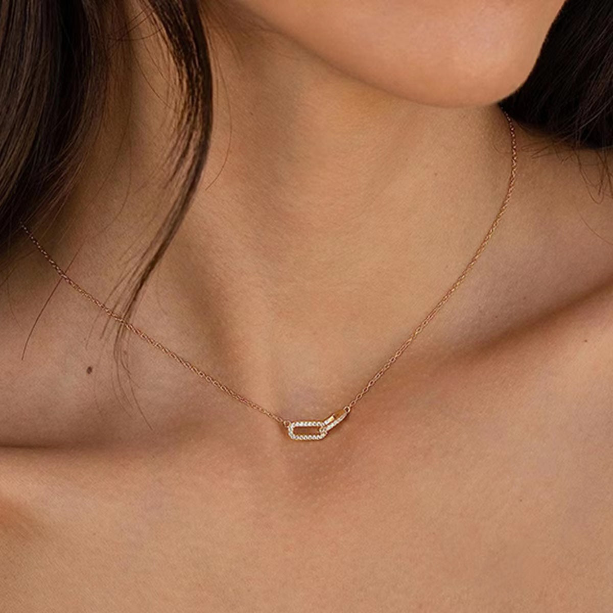 Sterling Silver Double Oval Interlocking Necklace with Diamond Accents