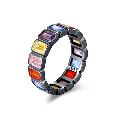 Sterling Silver Geometric Rainbow Diamond Ring