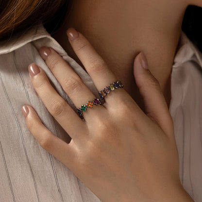Sterling Silver Geometric Rainbow Diamond Ring