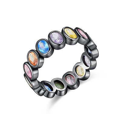 Sterling Silver Geometric Rainbow Diamond Ring