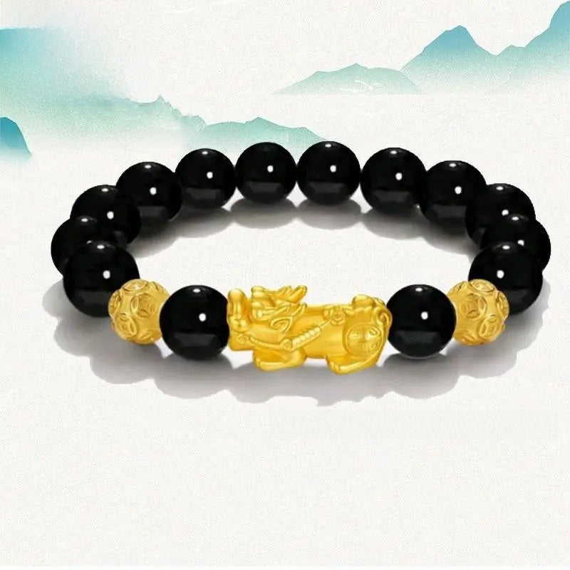 Sterling Silver Gold Plated Pixiu Obsidian Bracelet