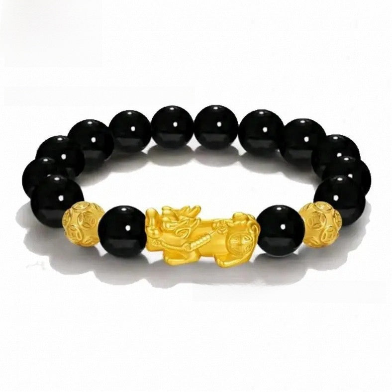 Sterling Silver Gold Plated Pixiu Obsidian Bracelet