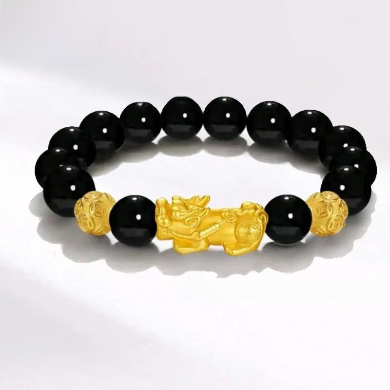 Sterling Silver Gold Plated Pixiu Obsidian Bracelet